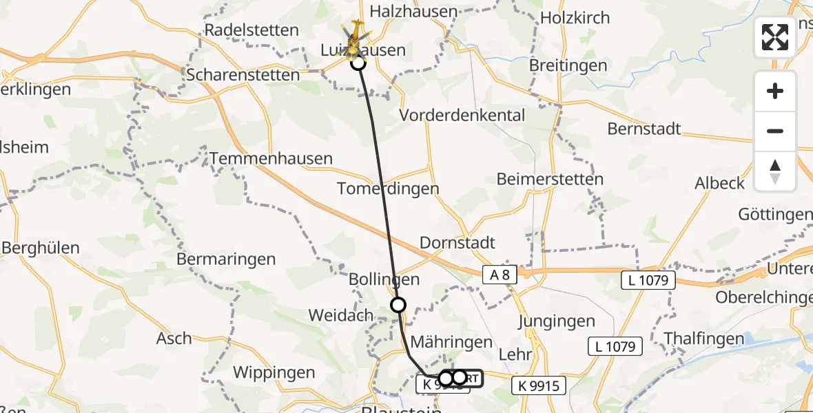 Flugroute Rettungshubschrauber Ulm Military Hospital Emergency - Lonsee, 04 August 2026, 14:17