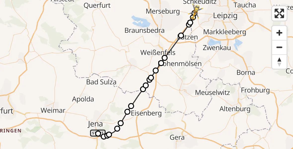 Flugroute Rettungshubschrauber Lobeda Hubschrauberlandeplatz - ADAC Air Rescue Station Leipzig/Schkeuditz-Dölzig Hubschrauberlandeplatz (Christoph 61), 04 August 2026, 14:24