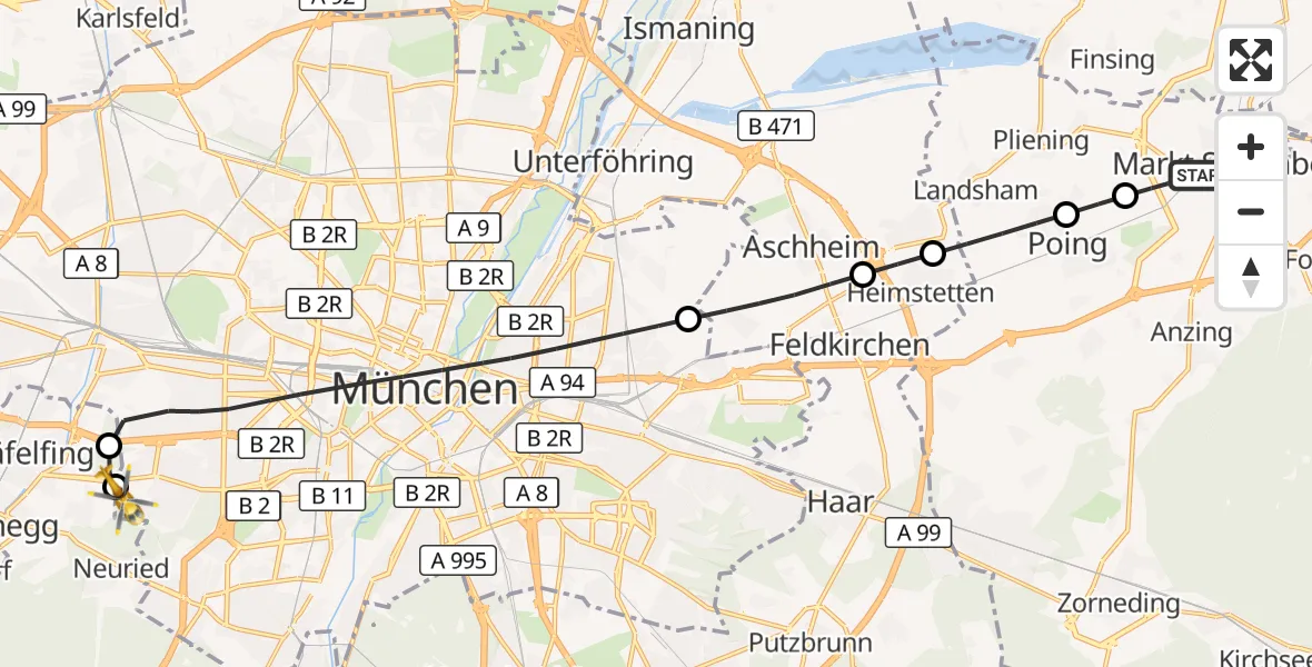 Flugroute Rettungshubschrauber Markt Schwaben - DRF Air Rescue München Hubschrauberlandeplatz, 04 August 2026, 14:25