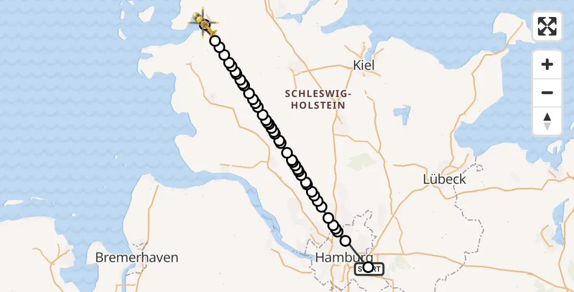 Flugroute Ambulanzhubschrauber Christoph Hansa ADAC Hubschrauberlandeplatz - Husum, 04 August 2026, 14:38