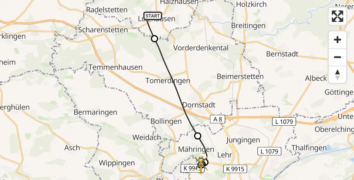 Flugroute Rettungshubschrauber Lonsee - ADAC Air Rescue Station Ulm (Christoph 22), 04 August 2026, 14:46
