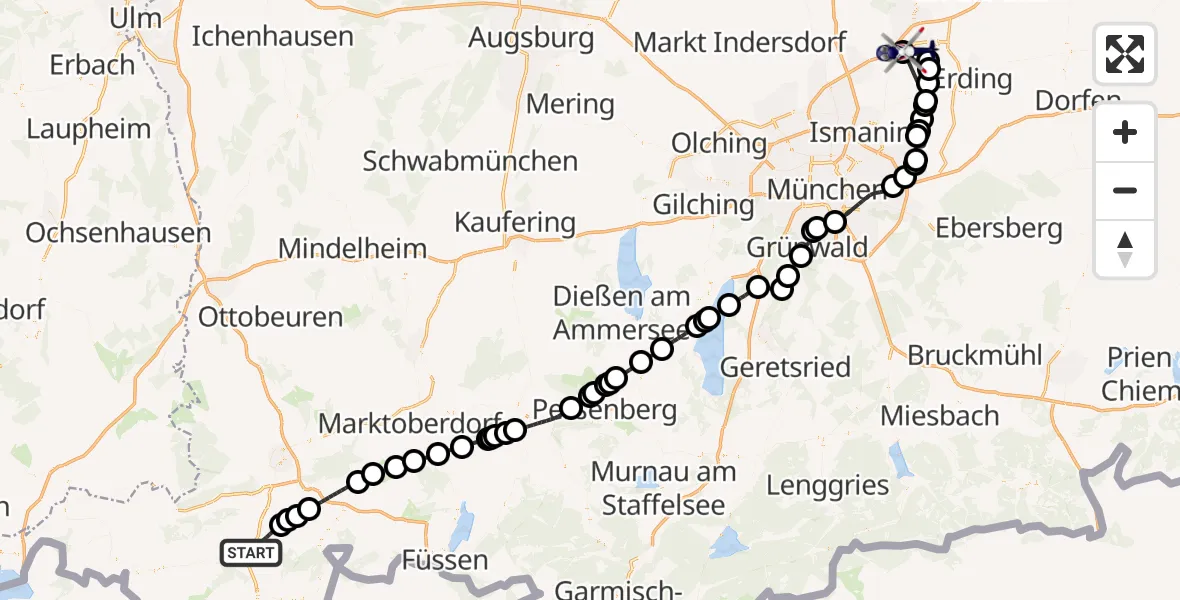 Flugroute Polizeihubschrauber Rettenberg - München Flughafen, 04 August 2026, 14:50