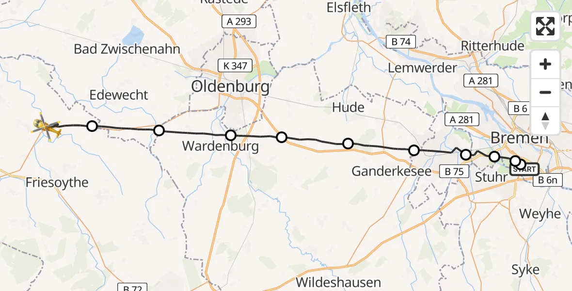 Flugroute Rettungshubschrauber ADAC Air Rescue Station Bremen Hubschrauberlandeplatz (Christoph 6) - Friesoythe, 04 August 2026, 14:53
