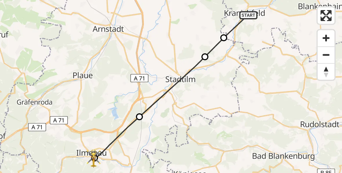 Flugroute Ambulanzhubschrauber Kranichfeld - Ilm-Kreis-Kliniken Arnstadt-Ilmenau Hubschrauberlandeplatz, 04 August 2026, 14:53