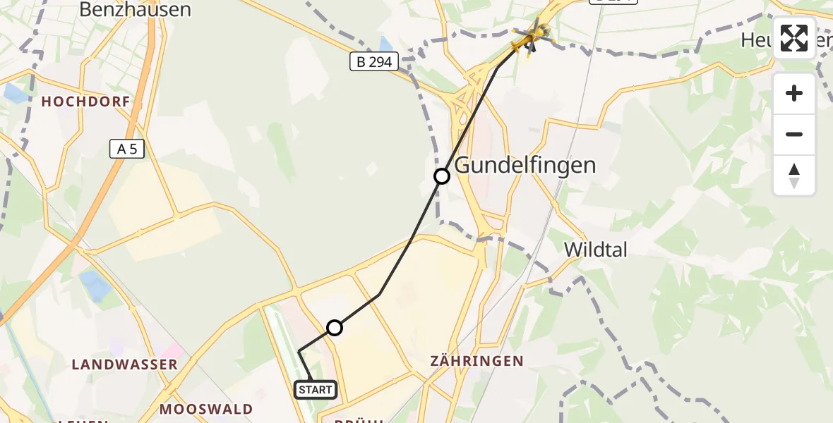 Flugroute Ambulanzhubschrauber Freiburg im Breisgau Flugplatz - Gundelfingen, 04 August 2026, 14:58