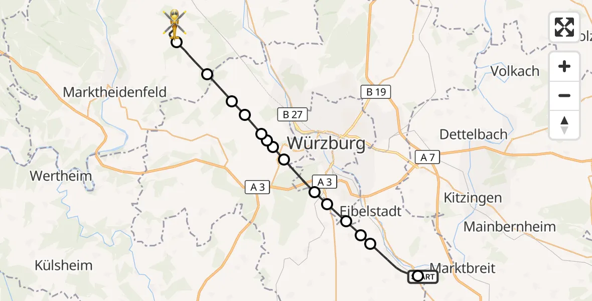 Flugroute Rettungshubschrauber Ochsenfurt Hospital - Urspringen, 04 August 2026, 15:14