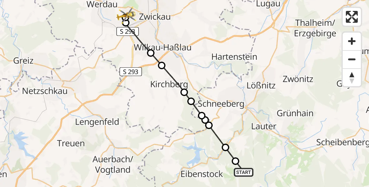 Flugroute Rettungshubschrauber Eibenstock - ADAC Air Rescue Station Zwickau Hubschrauberlandeplatz, 04 August 2026, 15:15