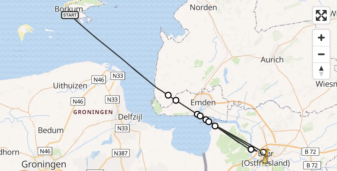 Flugroute Ambulanzhubschrauber Noordzee - Leer (Ostfriesland), 04 August 2026, 15:18