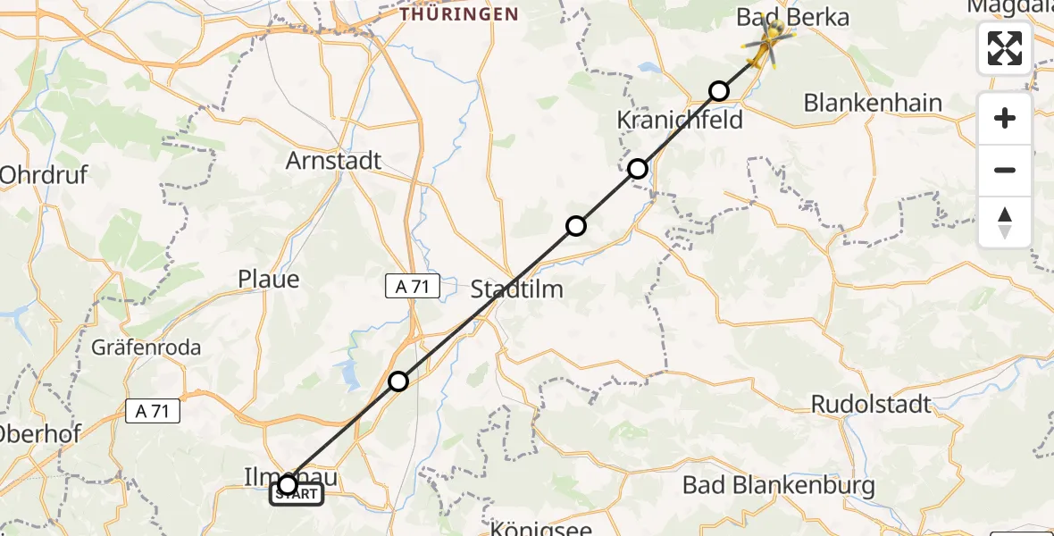 Flugroute Ambulanzhubschrauber Ilm-Kreis-Kliniken Arnstadt-Ilmenau Hubschrauberlandeplatz - DRF Rettungsstation Bad Berka Hubschrauberlandeplatz, 04 August 2026, 15:20