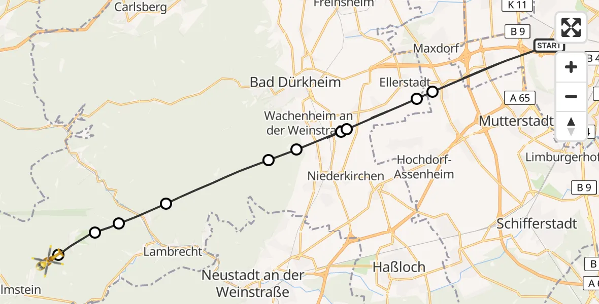 Flugroute Rettungshubschrauber Ludwigshafen am Rhein - Elmstein, 04 August 2026, 15:22