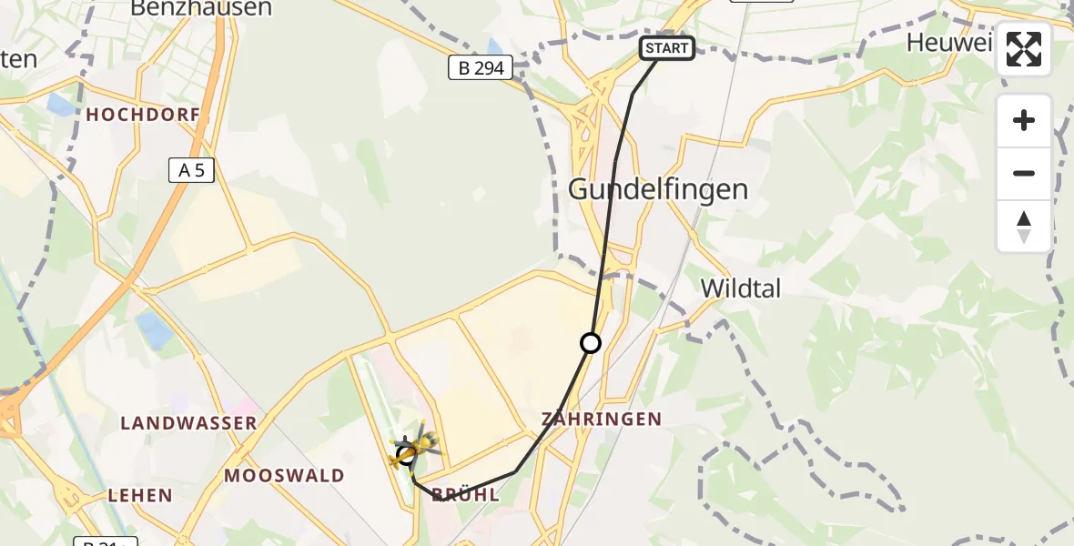 Flugroute Ambulanzhubschrauber Gundelfingen - Freiburg im Breisgau Flugplatz, 04 August 2026, 15:24