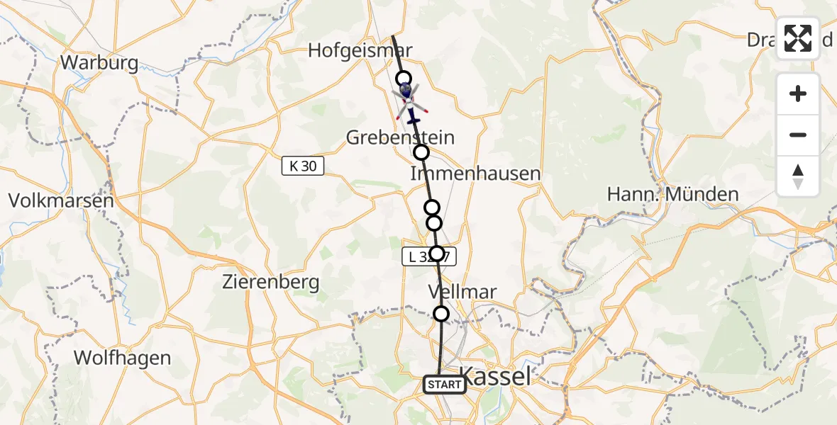 Flugroute Polizeihubschrauber Kassel - Grebenstein, 04 August 2026, 15:33