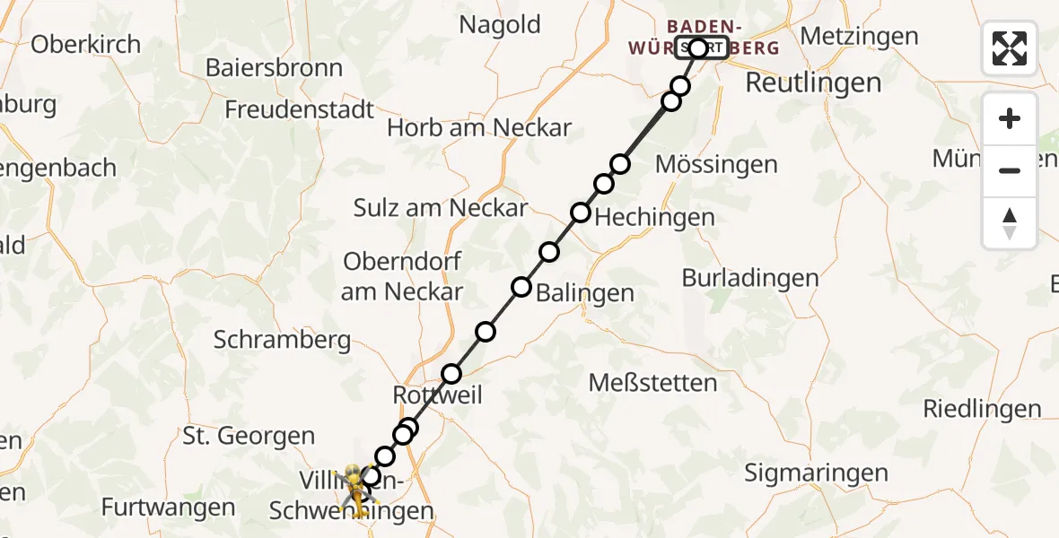 Flugroute Ambulanzhubschrauber Tübingen University Hospital - DRF Air Rescue Station Villingen-Schwenningen Hubschrauberlandeplatz (Christoph 11), 04 August 2026, 15:34