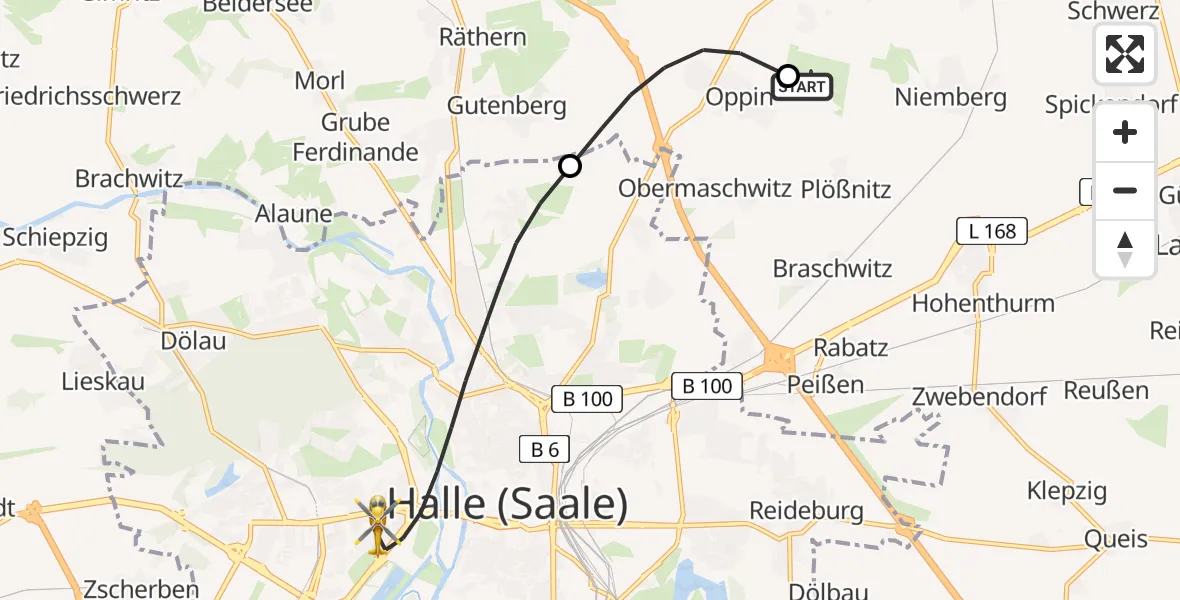 Flugroute Rettungshubschrauber Halle-Oppin Flugplatz - Halle (Saale), 04 August 2026, 15:34