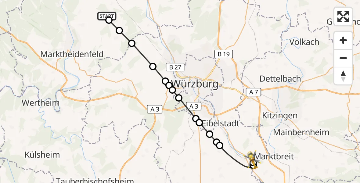Flugroute Rettungshubschrauber Urspringen - Ochsenfurt Hospital, 04 August 2026, 15:42