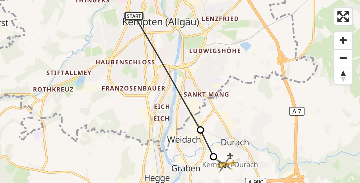 Flugroute Rettungshubschrauber Kempten (Allgäu) - Kempten-Durach Flugplatz, 04 August 2026, 15:54