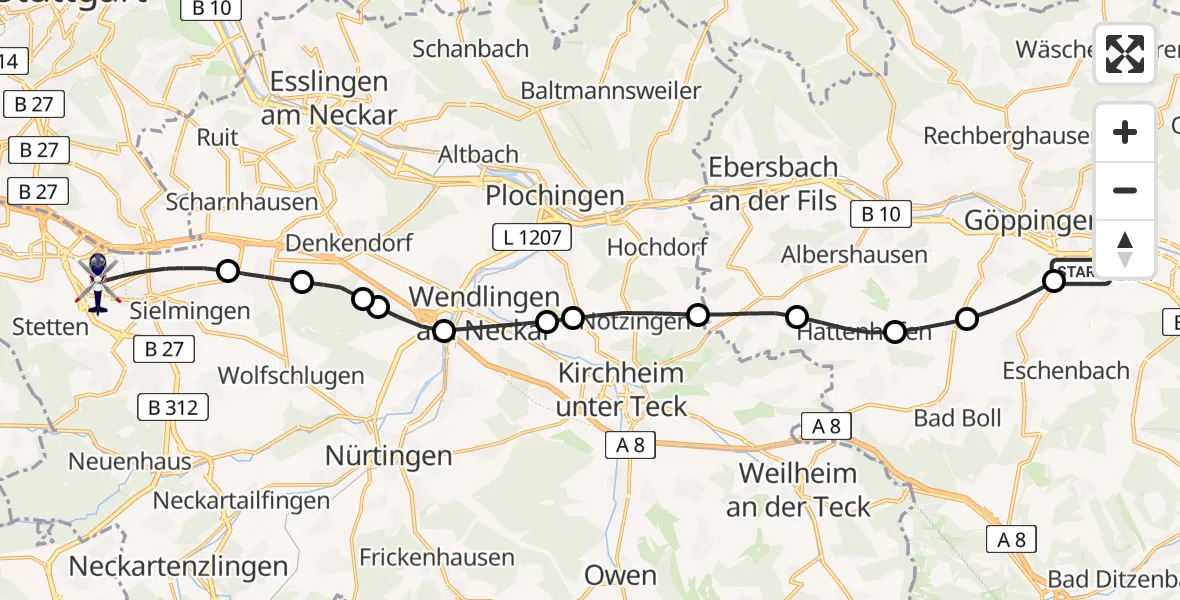 Flugroute Polizeihubschrauber Göppingen - Flughafen Stuttgart, 04 August 2026, 16:03