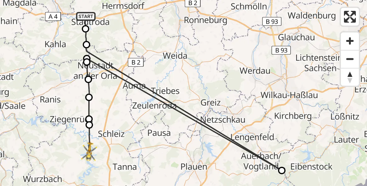 Flugroute Rettungshubschrauber Stadtroda - Schleiz, 04 August 2026, 16:09