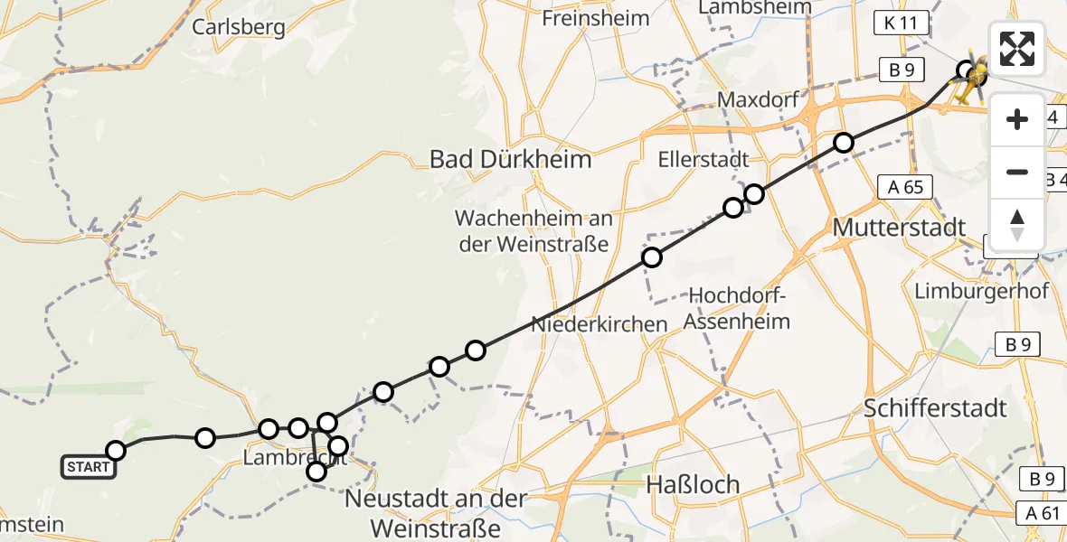 Flugroute Rettungshubschrauber Elmstein - Ludwigshafen Accident Hospital, 04 August 2026, 16:16