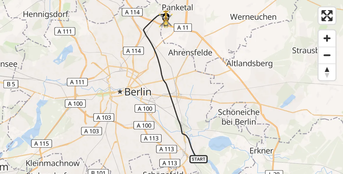 Flugroute Rettungshubschrauber Berlin - Helios Clinic Berlin-Buch, 04 August 2026, 16:16