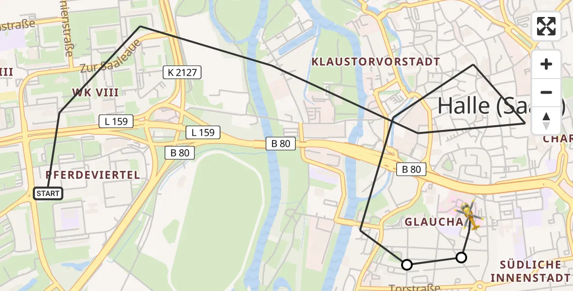 Flugroute Rettungshubschrauber Halle (Saale) - Sankt Elisabeth and Sankt Barbara Hospital Halle (Saale), 04 August 2026, 16:21
