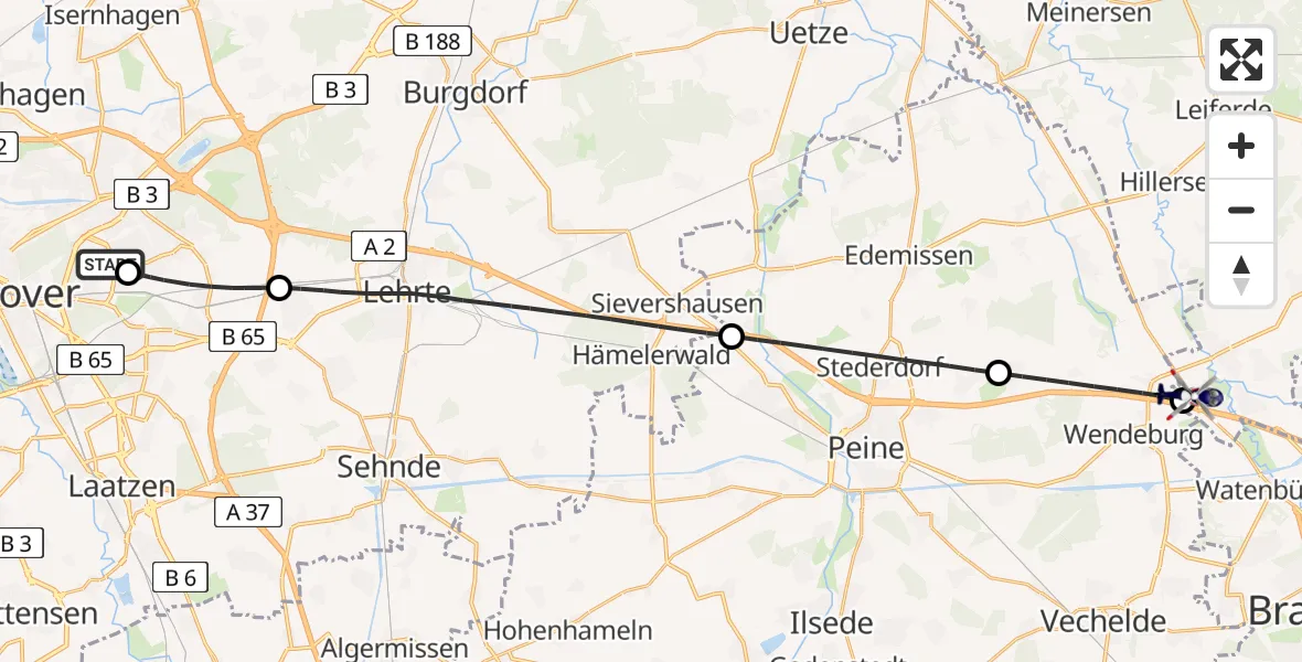 Flugroute Polizeihubschrauber Hannover Luftrettung Hubschrauberlandeplatz (Christoph 4) - Schwülper, 04 August 2026, 16:22