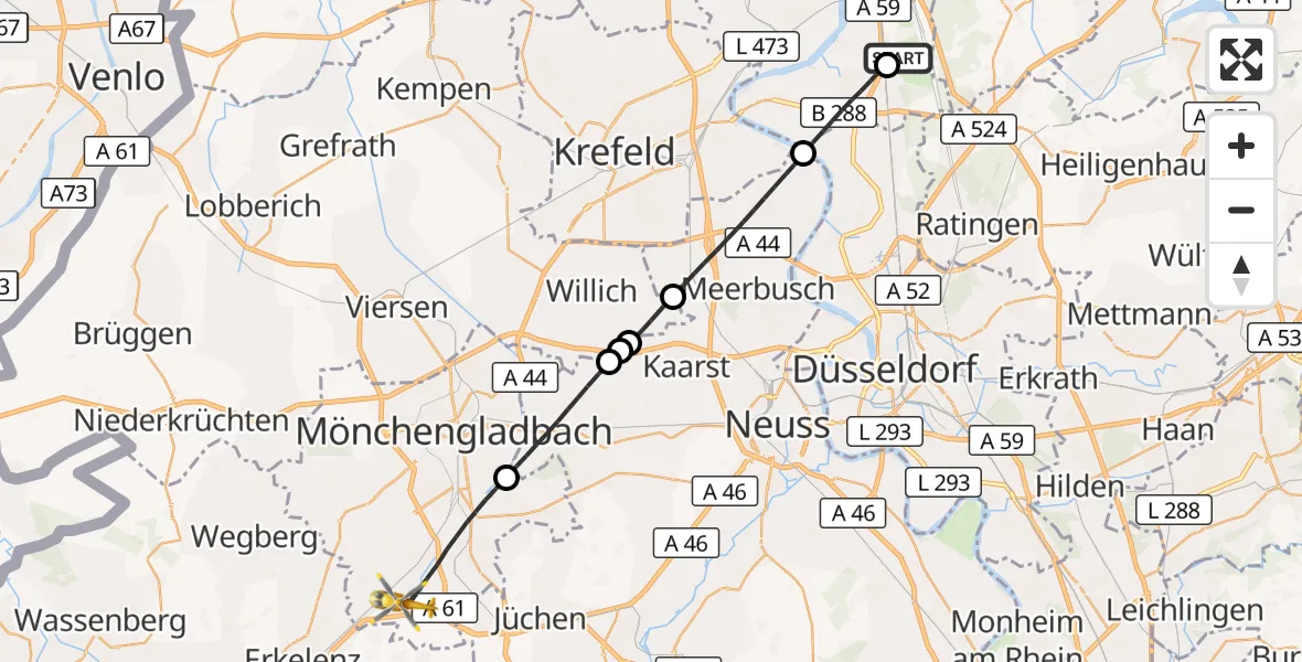 Flugroute Rettungshubschrauber Duisburg Air Rescue Hubschrauberlandeplatz (Christoph 9) - Mönchengladbach, 04 August 2026, 16:30