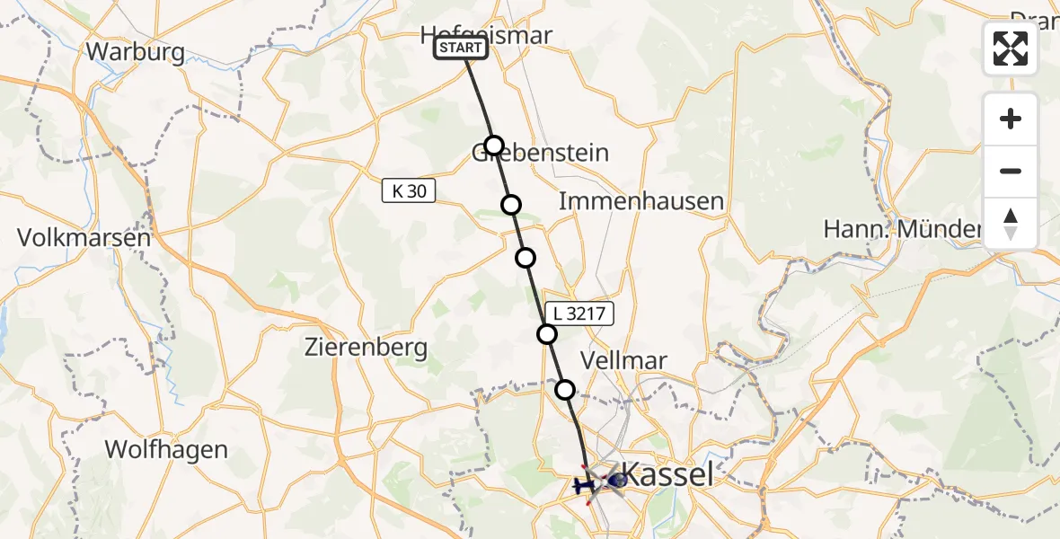 Flugroute Polizeihubschrauber Hofgeismar - Kassel, 04 August 2026, 16:33