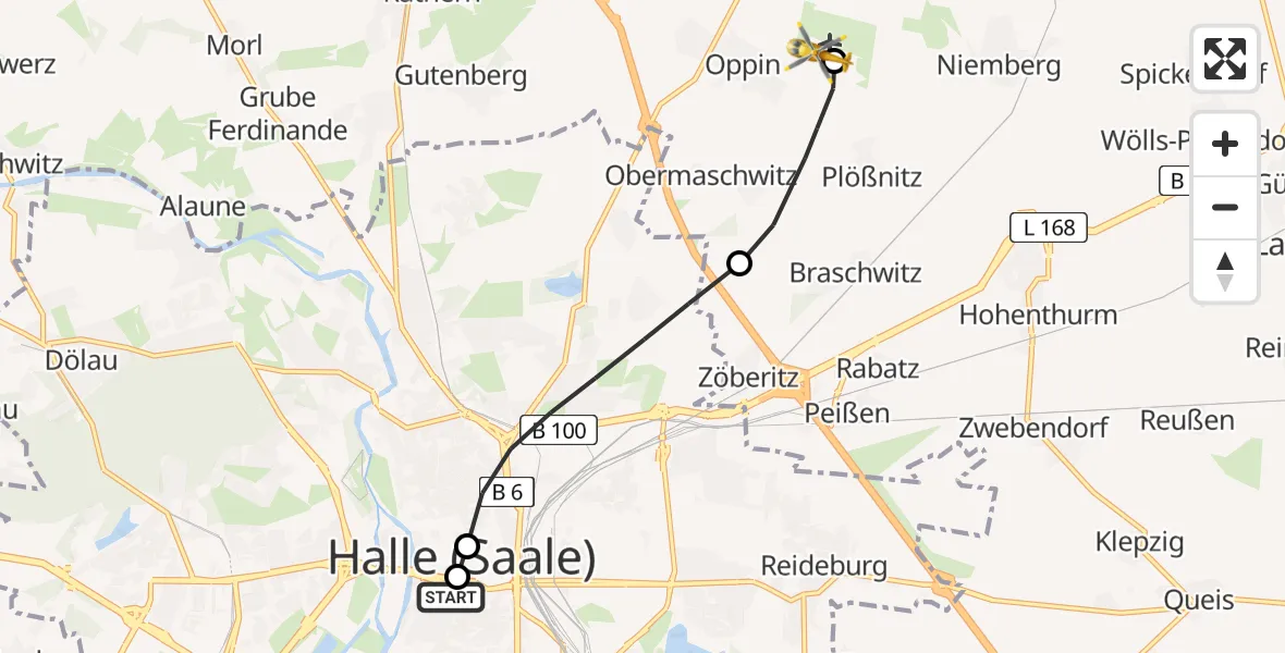 Flugroute Rettungshubschrauber Sankt Elisabeth and Sankt Barbara Hospital Halle (Saale) - Halle-Oppin Flugplatz, 04 August 2026, 16:34