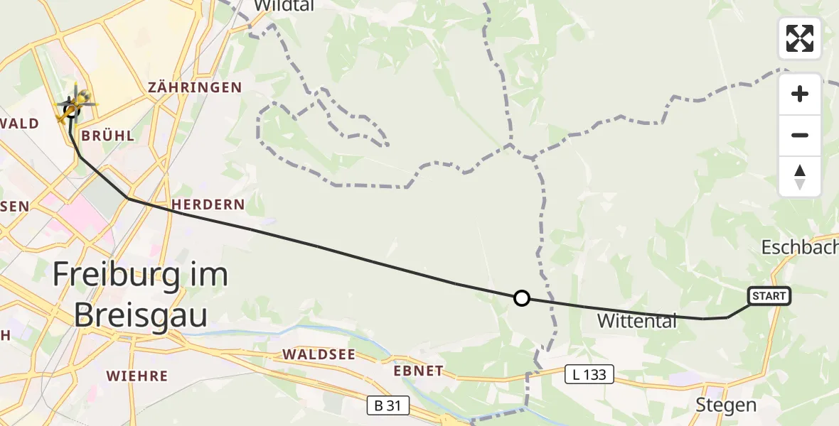 Flugroute Ambulanzhubschrauber Stegen - Freiburg im Breisgau Flugplatz, 04 August 2026, 16:34