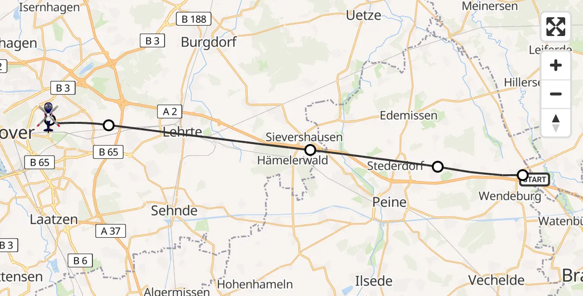 Flugroute Polizeihubschrauber Schwülper - Hannover Luftrettung Hubschrauberlandeplatz (Christoph 4), 04 August 2026, 16:54
