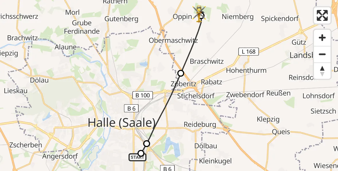 Flugroute Rettungshubschrauber BG Hospital Bergmannstrost Halle - Halle-Oppin Flugplatz, 04 August 2026, 16:56
