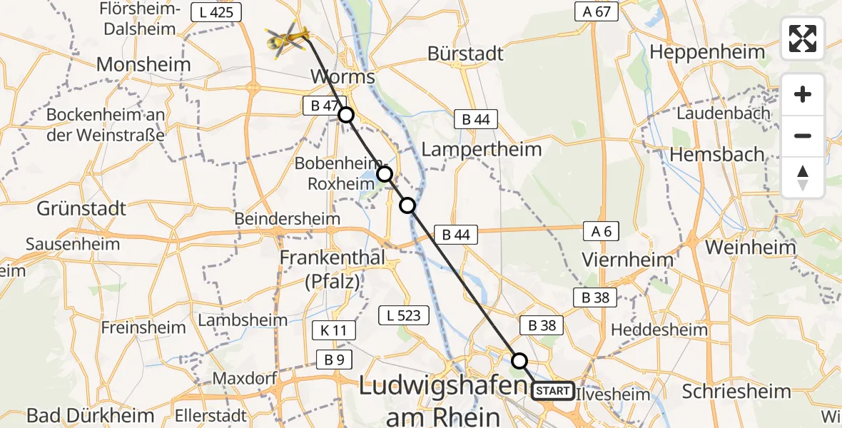 Flugroute Rettungshubschrauber Mannheim-City Flughafen - Worms, 04 August 2026, 16:56