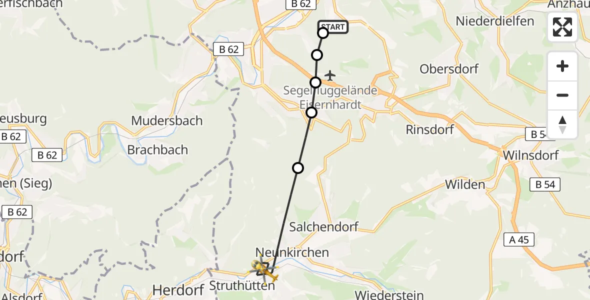 Flugroute Rettungshubschrauber Evangelisches Jung-Stilling Hospital - Neunkirchen, 04 August 2026, 17:00