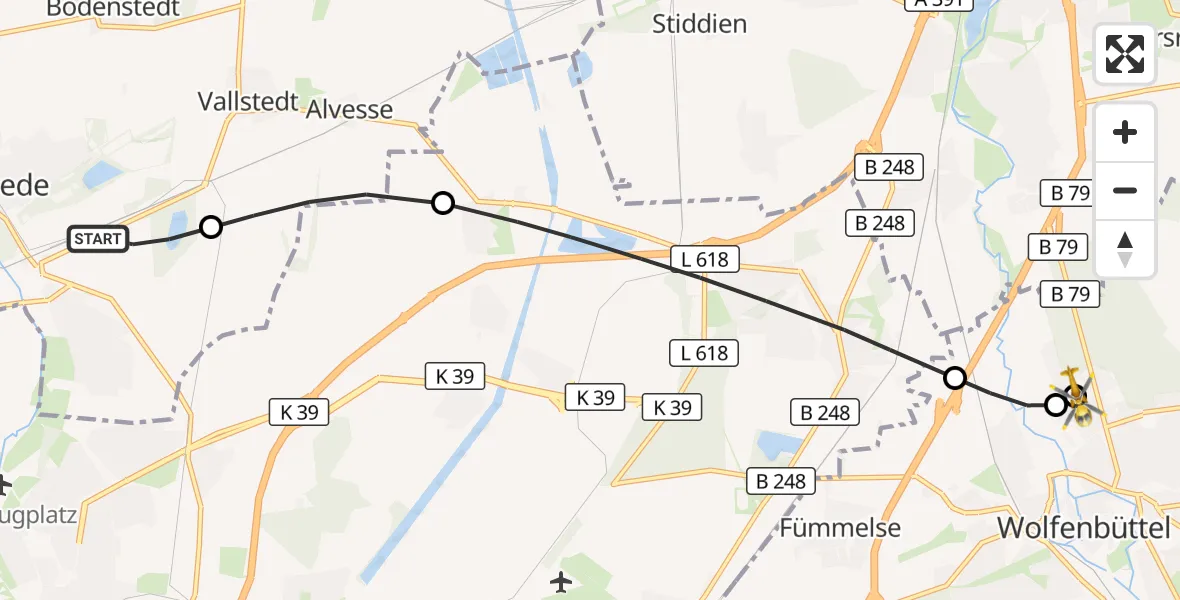 Flugroute Rettungshubschrauber Lengede - Wolfenbüttel Municipal Hospital Heliport (Christoph 30), 04 August 2026, 17:05
