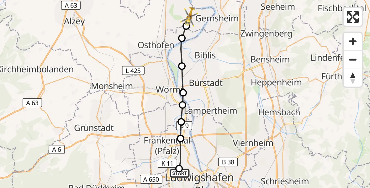 Flugroute Rettungshubschrauber Ludwigshafen Accident Hospital - Eich, 04 August 2026, 17:07