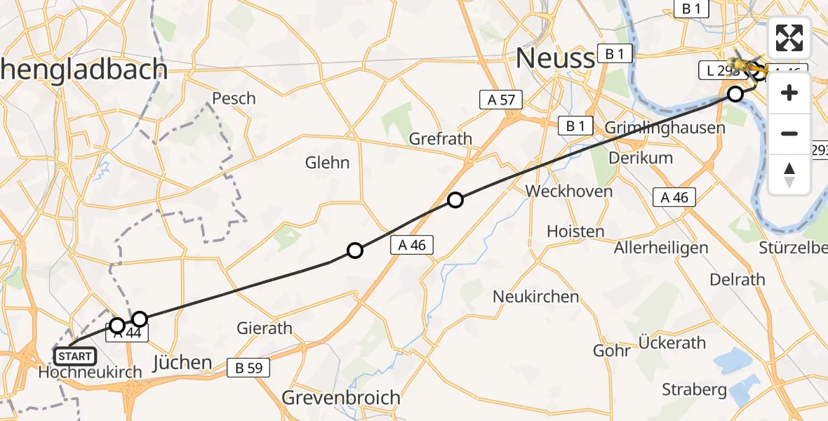 Flugroute Rettungshubschrauber Jüchen - Düsseldorf University Hospital, 04 August 2026, 17:08