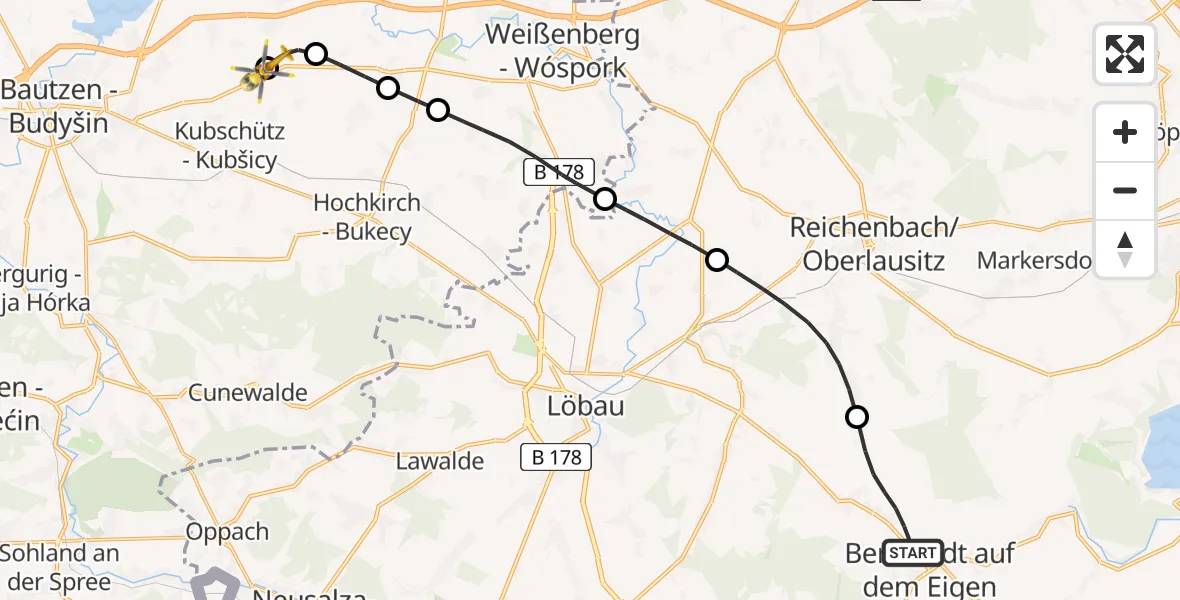 Flugroute Rettungshubschrauber Bernstadt a.d.Eigen - Bautzen Flugplatz, 04 August 2026, 17:09