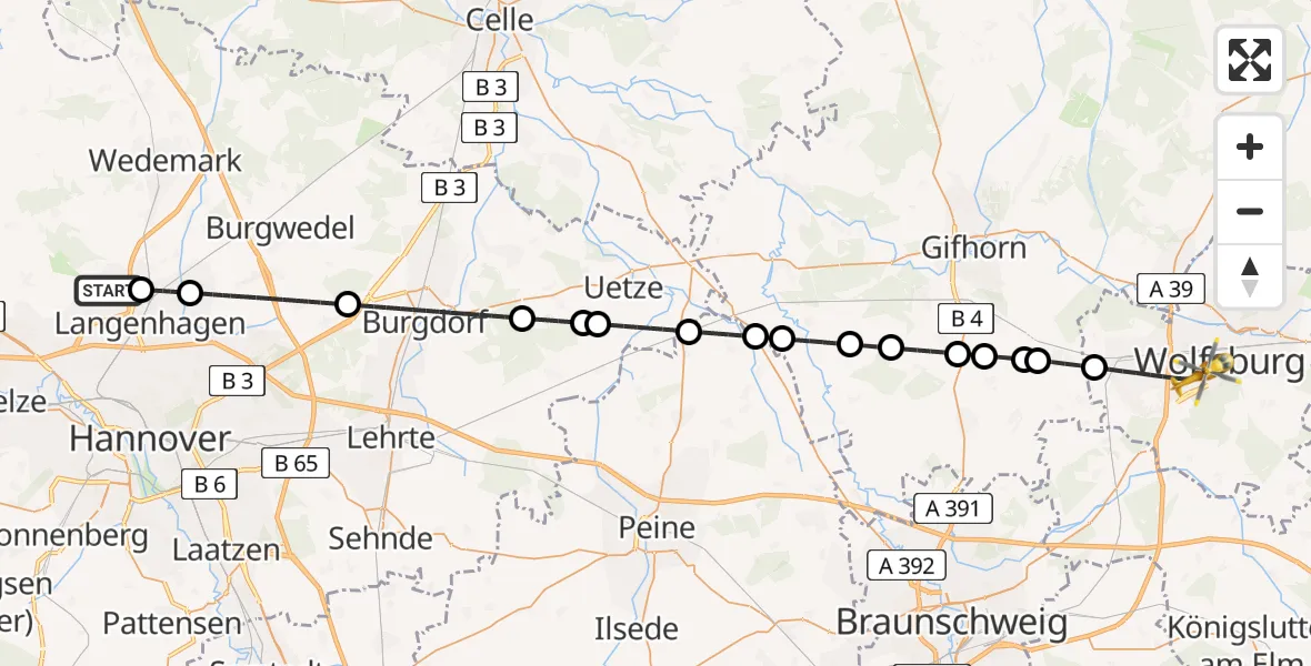 Flugroute Rettungshubschrauber Flughafen Hannover - Wolfsburg, 04 August 2026, 17:12