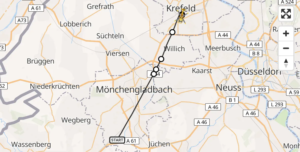 Flugroute Rettungshubschrauber Mönchengladbach - Helios Clinic Krefeld, 04 August 2026, 17:15