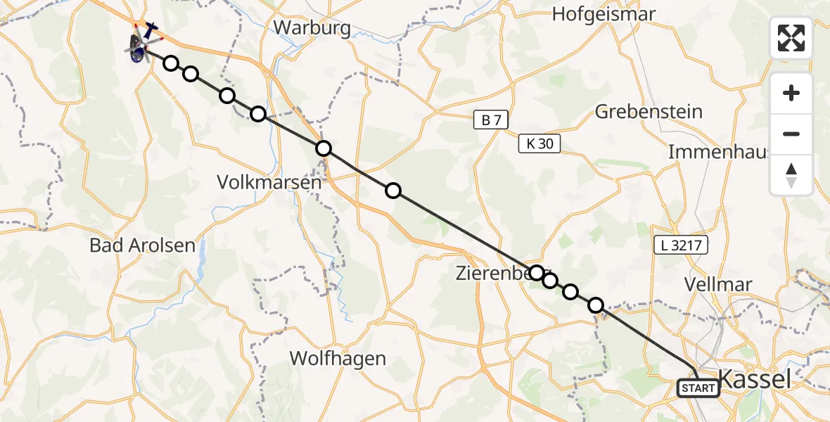 Flugroute Polizeihubschrauber Kassel - Diemelstadt, 04 August 2026, 17:24