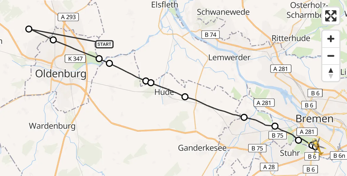 Flugroute Rettungshubschrauber Elsfleth - ADAC Air Rescue Station Bremen Hubschrauberlandeplatz (Christoph 6), 04 August 2026, 17:25