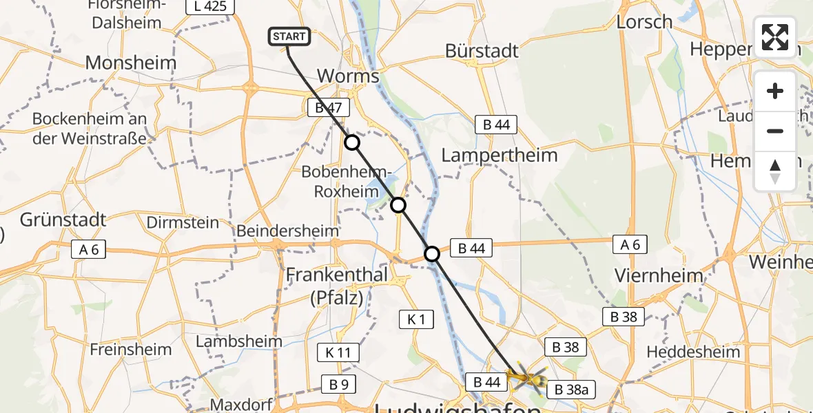 Flugroute Rettungshubschrauber Worms - Mannheim, 04 August 2026, 17:27