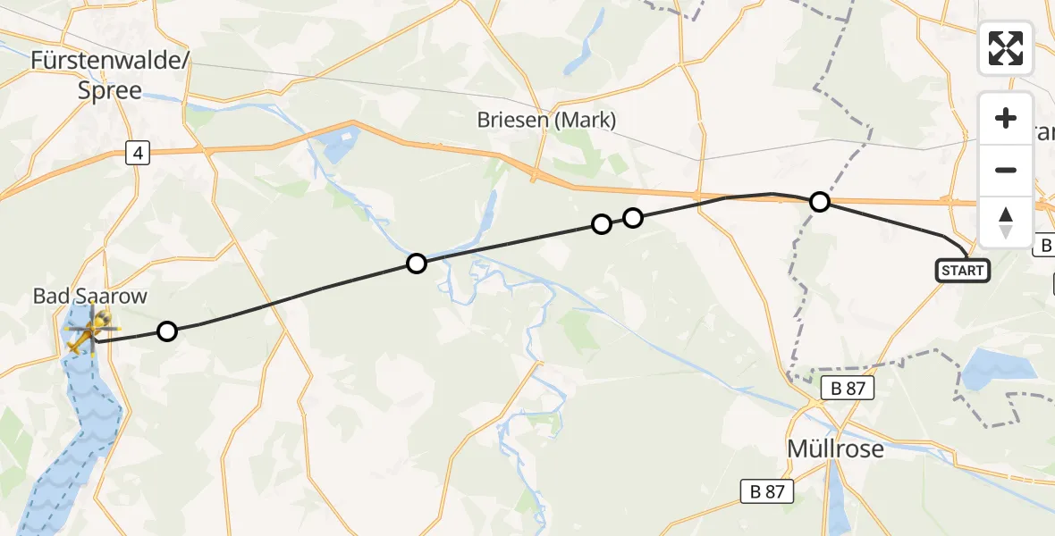 Flugroute Rettungshubschrauber Frankfurt (Oder) - Bad Saarow Hospital Hubschrauberlandeplatz, 04 August 2026, 17:42