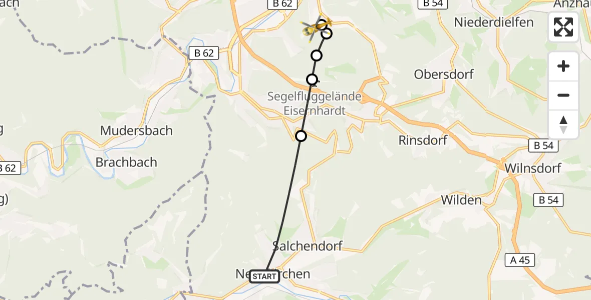 Flugroute Rettungshubschrauber Neunkirchen - Evangelisches Jung-Stilling Hospital, 04 August 2026, 17:47