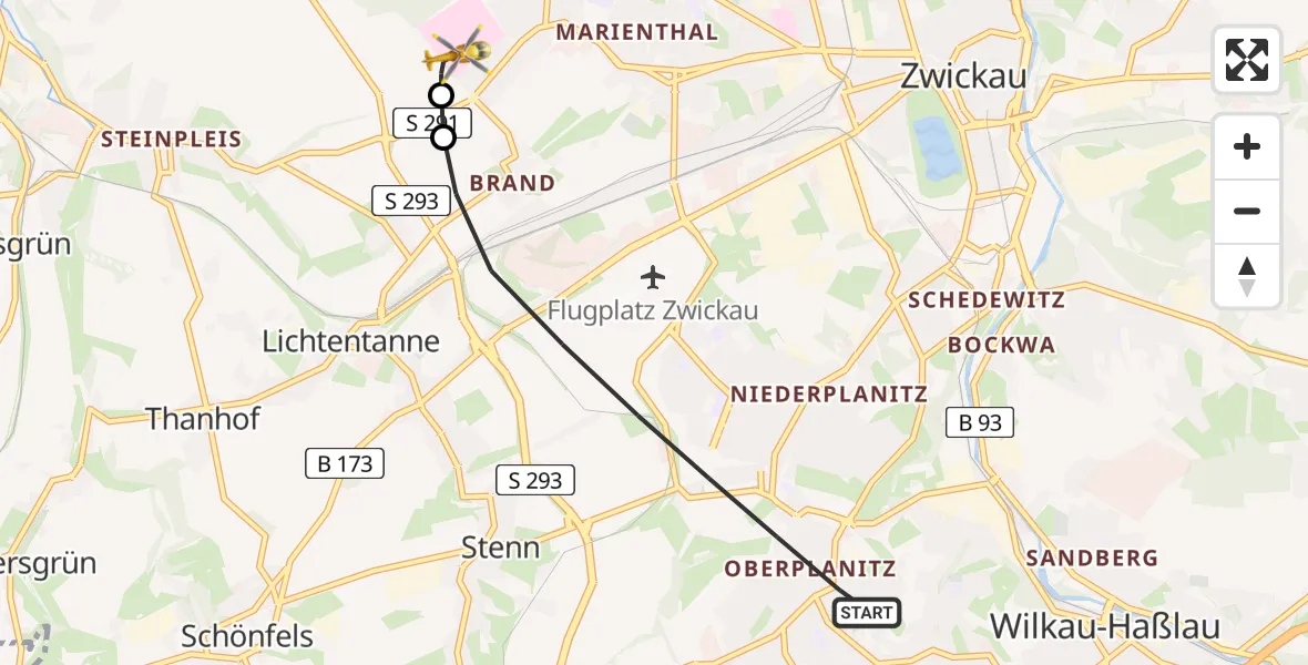 Flugroute Rettungshubschrauber Zwickau - ADAC Air Rescue Station Zwickau Hubschrauberlandeplatz, 04 August 2026, 17:47