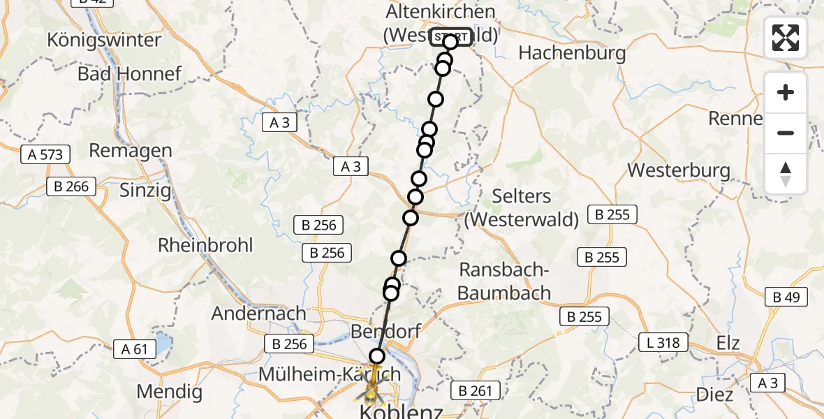 Flugroute Rettungshubschrauber Michelbach (Westerwald) - Koblenz, 04 August 2026, 17:51