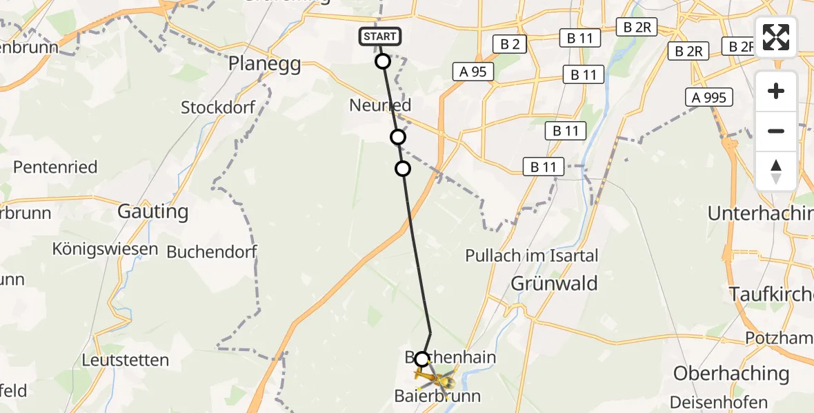Flugroute Rettungshubschrauber DRF Air Rescue München Hubschrauberlandeplatz - Baierbrunn, 04 August 2026, 17:52