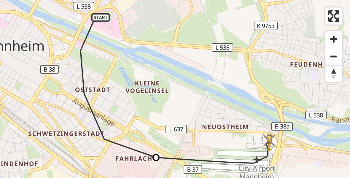 Flugroute Rettungshubschrauber Mannheim - Mannheim-City Flughafen, 04 August 2026, 17:57
