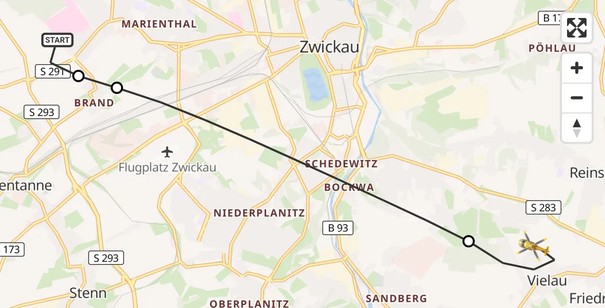 Flugroute Rettungshubschrauber ADAC Air Rescue Station Zwickau Hubschrauberlandeplatz - Reinsdorf, 04 August 2026, 18:01